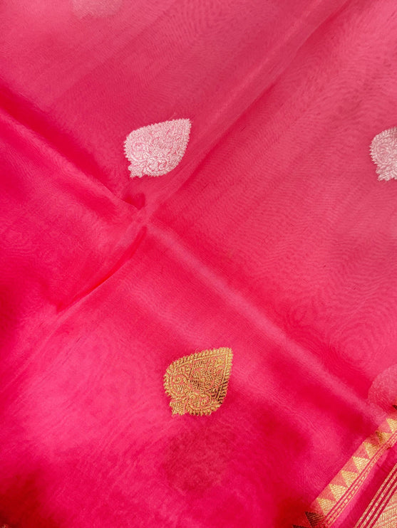 Peach/ Light Peach Banarasi Kora Organza Silk Saree With Motifs Pattern | SILK MARK CERTIFIED