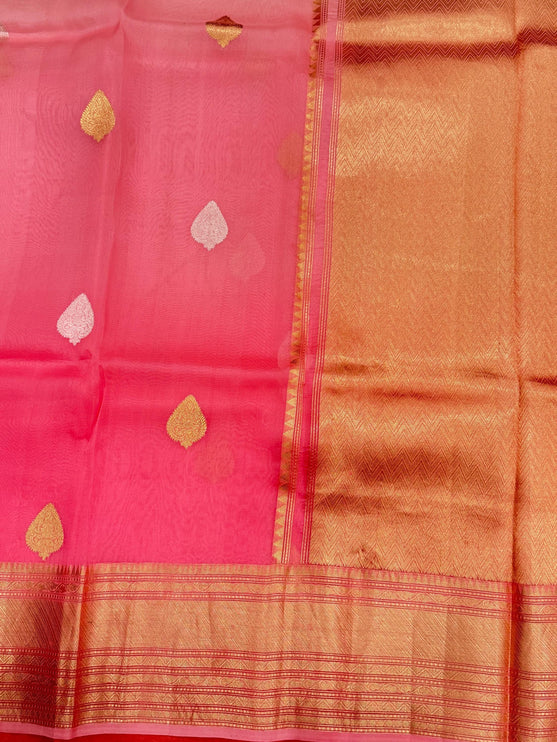 Peach/ Light Peach Banarasi Kora Organza Silk Saree With Motifs Pattern | SILK MARK CERTIFIED