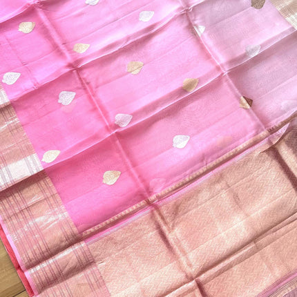 Peach/ Light Peach Banarasi Kora Organza Silk Saree With Motifs Pattern | SILK MARK CERTIFIED