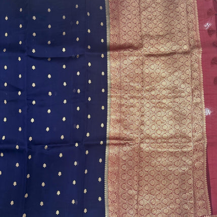 Navy blue/Red border,Pallu Banarasi Kora Organza Silk Saree With Motifs Pattern | SILK MARK CERTIFIED