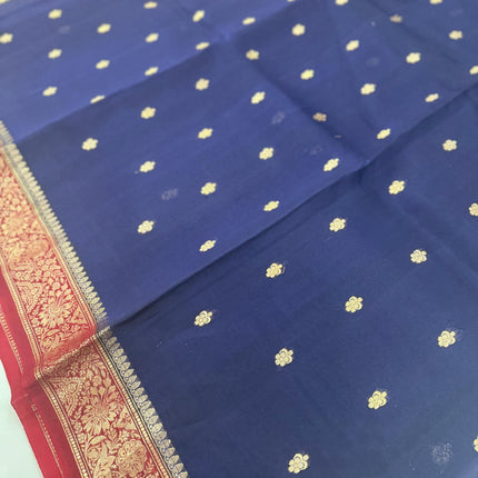 Navy blue/Red border,Pallu Banarasi Kora Organza Silk Saree With Motifs Pattern | SILK MARK CERTIFIED