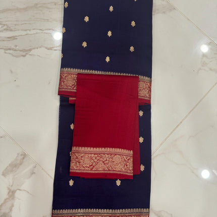 Navy blue/Red border,Pallu Banarasi Kora Organza Silk Saree With Motifs Pattern | SILK MARK CERTIFIED