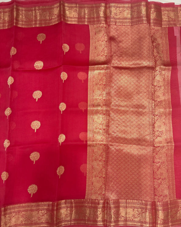 Orange color Banarasi Kora Organza Silk Saree With Motifs Pattern | SILK MARK CERTIFIED