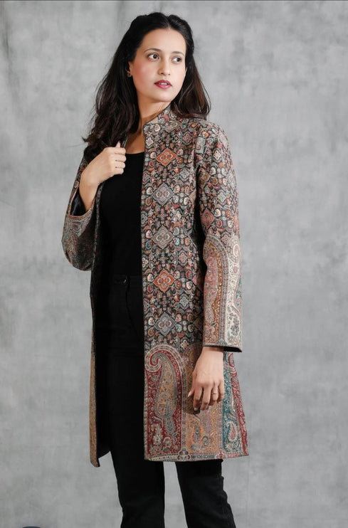 Luxury Kani/Jamawar Woolen Jacket | woven Kashmir Artwear | Statement fashion wear | Kashmir Winter Dresses|knee length| size 42,44,48,50