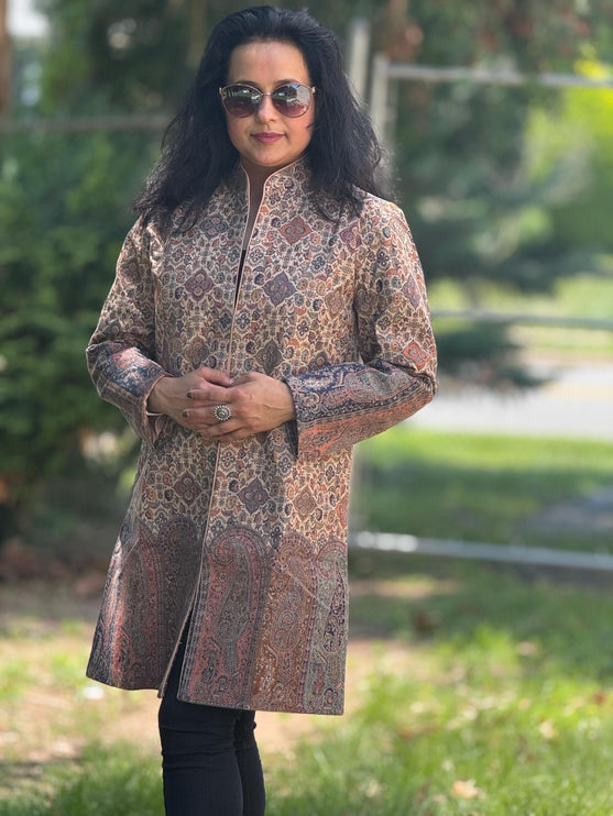 Luxury Kani/Jamawar Woolen Jacket | woven Kashmir Artwear | Statement fashion wear | Kashmir Winter Dresses|knee length| size 44,46,48,50