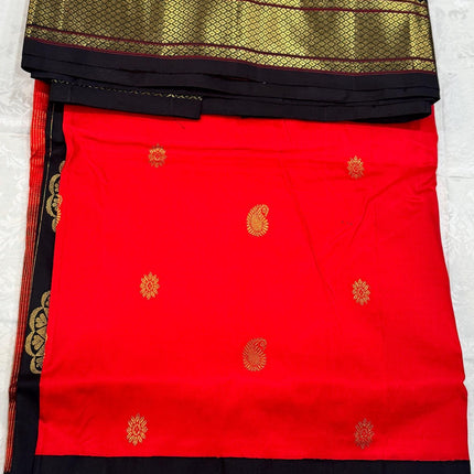 Authentic Paithani from Yeola | 100% handwoven Pure Silk saree |Red with Black border|Kadiyal Maharani|Silk Mark Certified