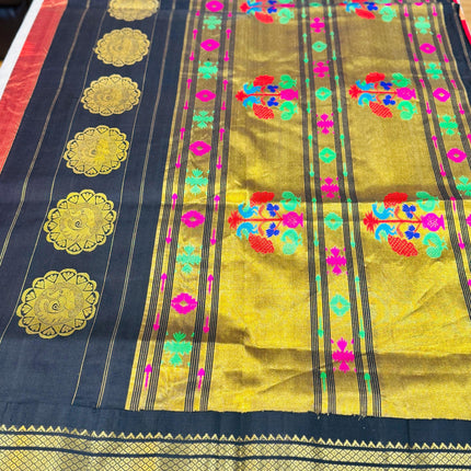 Authentic Paithani from Yeola | 100% handwoven Pure Silk saree |Red with Black border|Kadiyal Maharani|Silk Mark Certified