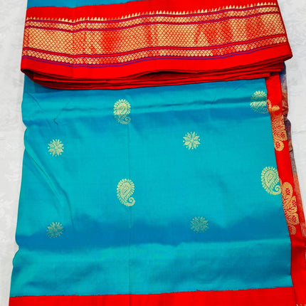 Authentic Paithani from Yeola | 100% handwoven Pure Silk saree |Rama with Red border|Kadiyal Maharani|Silk Mark Certified