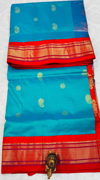 Authentic Paithani from Yeola | 100% handwoven Pure Silk saree |Rama with Red border|Kadiyal Maharani|Silk Mark Certified
