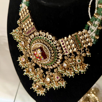Green real beads! Pearls/Ruby/Kundan/ antique finish/Designer set/wedding collection