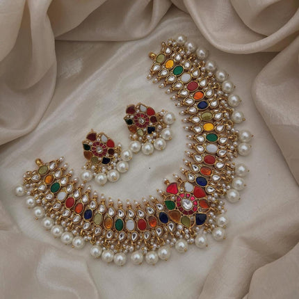 Real Royal semi precious Navratan Jadau Handmade Necklace Set | Made with High-quality semi-precious stones / wedding Collection