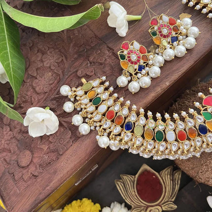 Real Royal semi precious Navratan Jadau Handmade Necklace Set | Made with High-quality semi-precious stones / wedding Collection