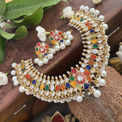 Real Royal semi precious Navratan Jadau Handmade Necklace Set | Made with High-quality semi-precious stones / wedding Collection