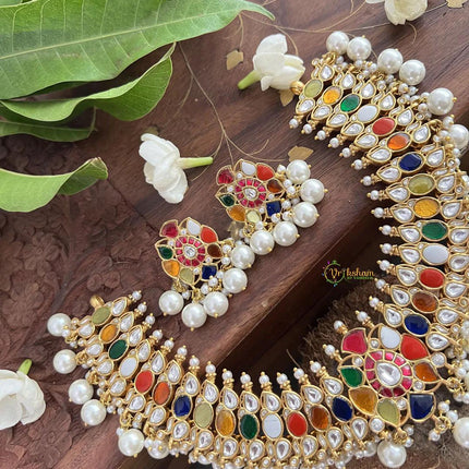 Real Royal semi precious Navratan Jadau Handmade Necklace Set | Made with High-quality semi-precious stones / wedding Collection