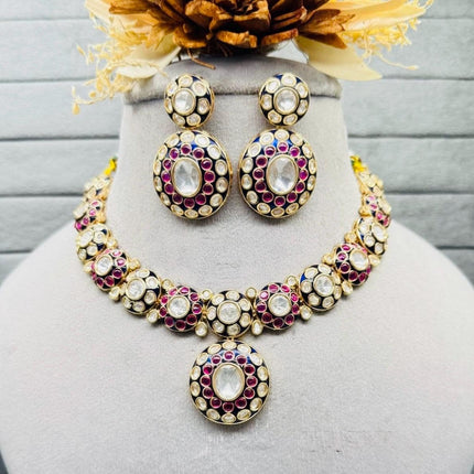 Real Royal Ruby and Green small mossonite/Pachi Kundan Handmade Necklace Set | Made with High-quality/wedding Collection