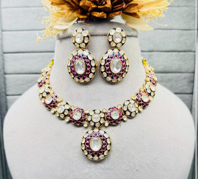 Real Royal Ruby and Green small mossonite/Pachi Kundan Handmade Necklace Set | Made with High-quality/wedding Collection