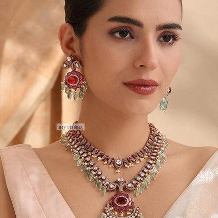 Real Royal/Diamond Kundan/ -Mint bead-Ruby/Diamond setting/ Necklace Set | Made with High-quality Designer set / Bridal Collection