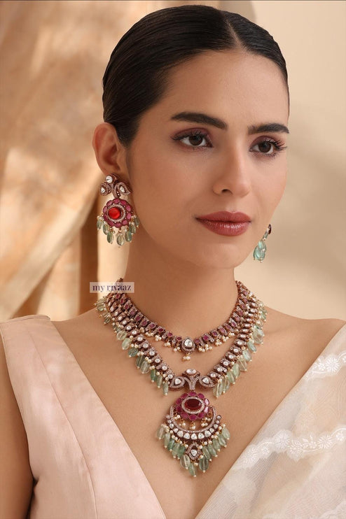 Real Royal/Diamond Kundan/ -Mint bead-Ruby/Diamond setting/ Necklace Set | Made with High-quality Designer set / Bridal Collection