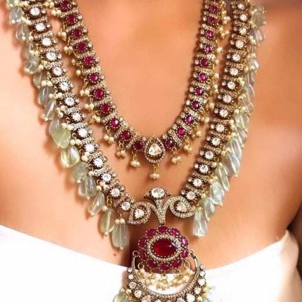 Real Royal/Diamond Kundan/ -Mint bead-Ruby/Diamond setting/ Necklace Set | Made with High-quality Designer set / Bridal Collection