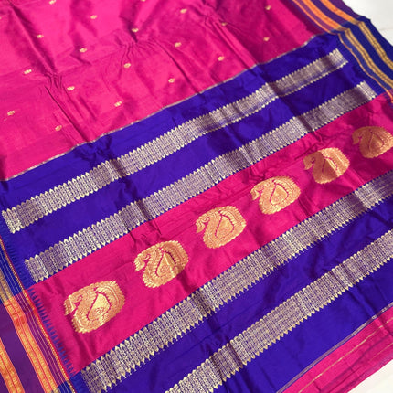 Special Sale !!!|Original Narayan Peth 100% pure silk Saree from Yeola - Magenta pink with purple border|