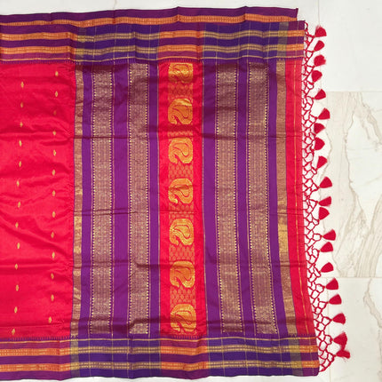 Special Sale !!!|Original Narayan Peth 100% pure silk Saree from Yeola - Red with Purple border|Fall Pico Tassels done
