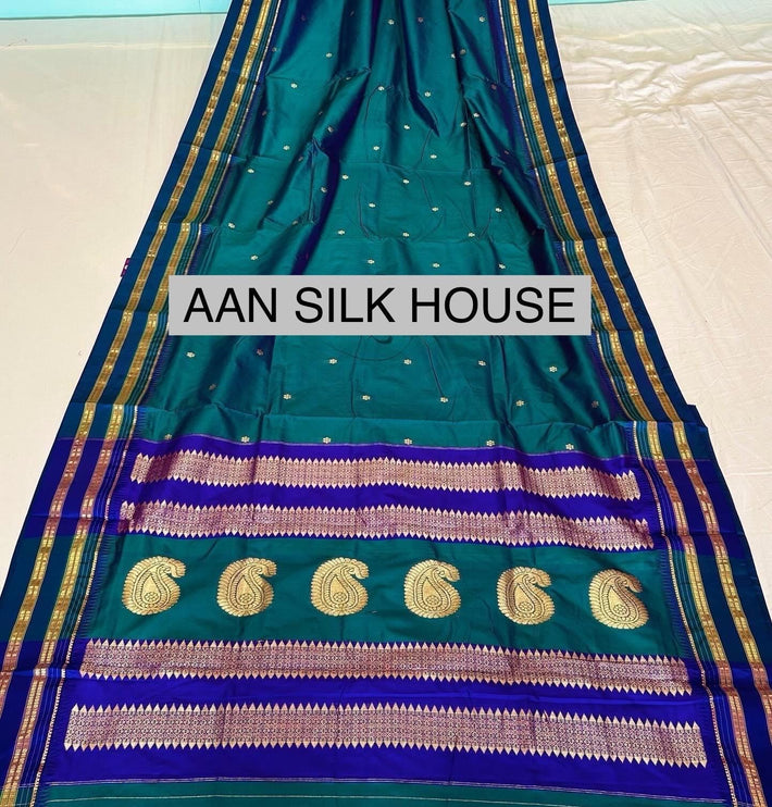 Special Sale !!!|Original Narayan Peth 100% pure silk Saree from Yeola - Seagreen/Rama-Blue border |Fall Pico Tassels done