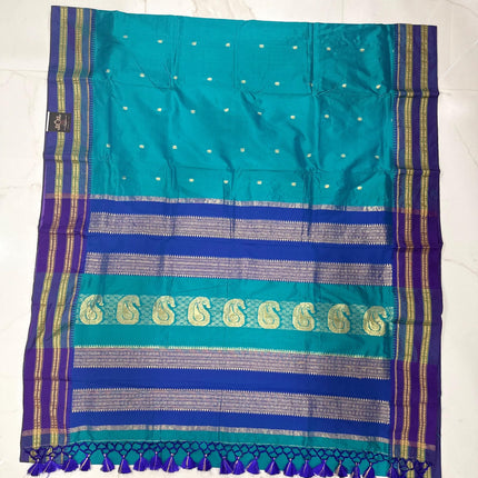 Special Sale !!!|Original Narayan Peth 100% pure silk Saree from Yeola - Seagreen/Rama-Blue border |Fall Pico Tassels done