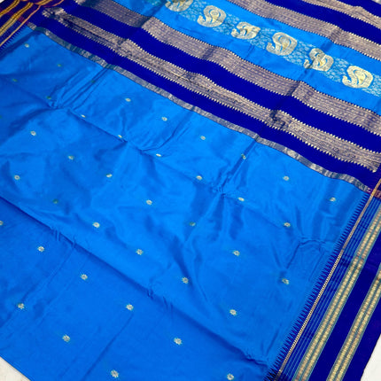 Special Sale !!!|Original Narayan Peth 100% pure silk Saree from Yeola - Light blue with Dark Blue border|Fall Pico Tassels done