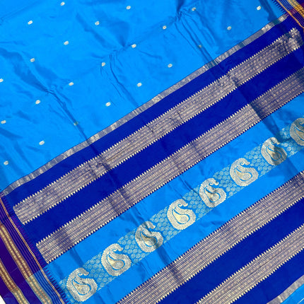 Special Sale !!!|Original Narayan Peth 100% pure silk Saree from Yeola - Light blue with Dark Blue border|Fall Pico Tassels done