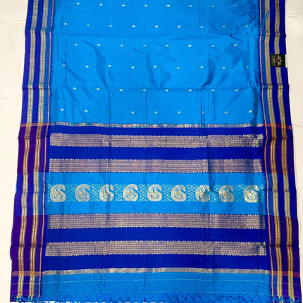 Special Sale !!!|Original Narayan Peth 100% pure silk Saree from Yeola - Light blue with Dark Blue border|Fall Pico Tassels done
