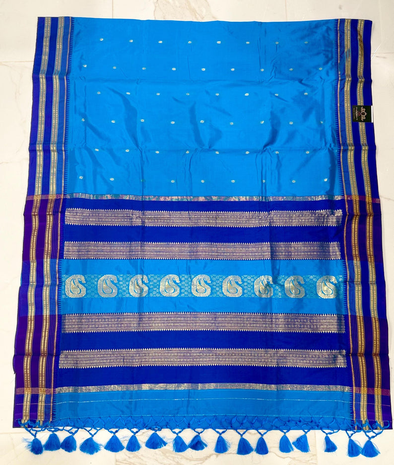 Special Sale !!!|Original Narayan Peth 100% pure silk Saree from Yeola - Light blue with Dark Blue border|Fall Pico Tassels done