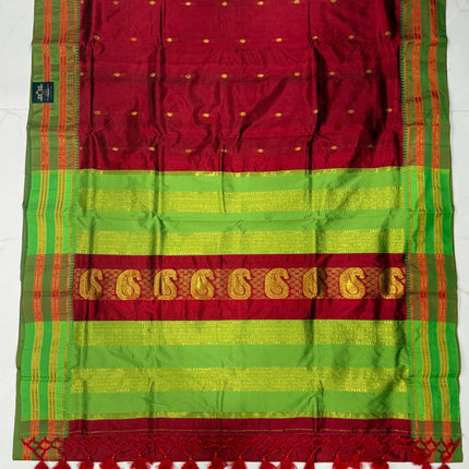 Special Sale !!!|Original Narayan Peth 100% pure silk Saree from Yeola - Maroon with Parrot green border|Fall Pico Tassels done