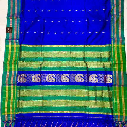 Special Sale !!!|Original Narayan Peth 100% pure silk Saree from Yeola - Royal Blue with Green border|Fall Pico Tassels done