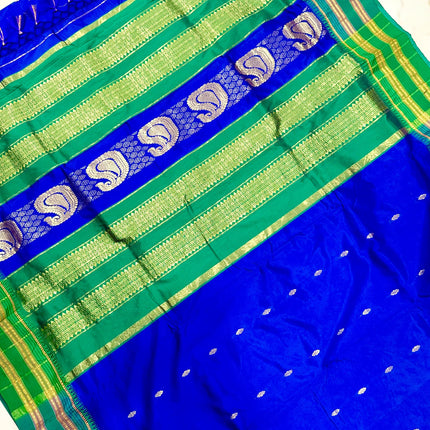 Special Sale !!!|Original Narayan Peth 100% pure silk Saree from Yeola - Royal Blue with Green border|Fall Pico Tassels done
