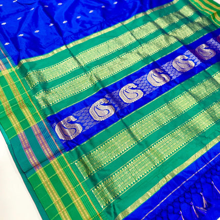 Special Sale !!!|Original Narayan Peth 100% pure silk Saree from Yeola - Royal Blue with Green border|Fall Pico Tassels done
