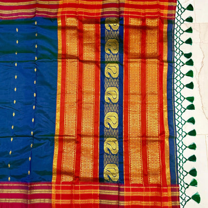 Special Sale !!!|Original Narayan Peth 100% pure silk Saree from Yeola - Deep Peacock blue with Rust border|Fall Pico Tassels done