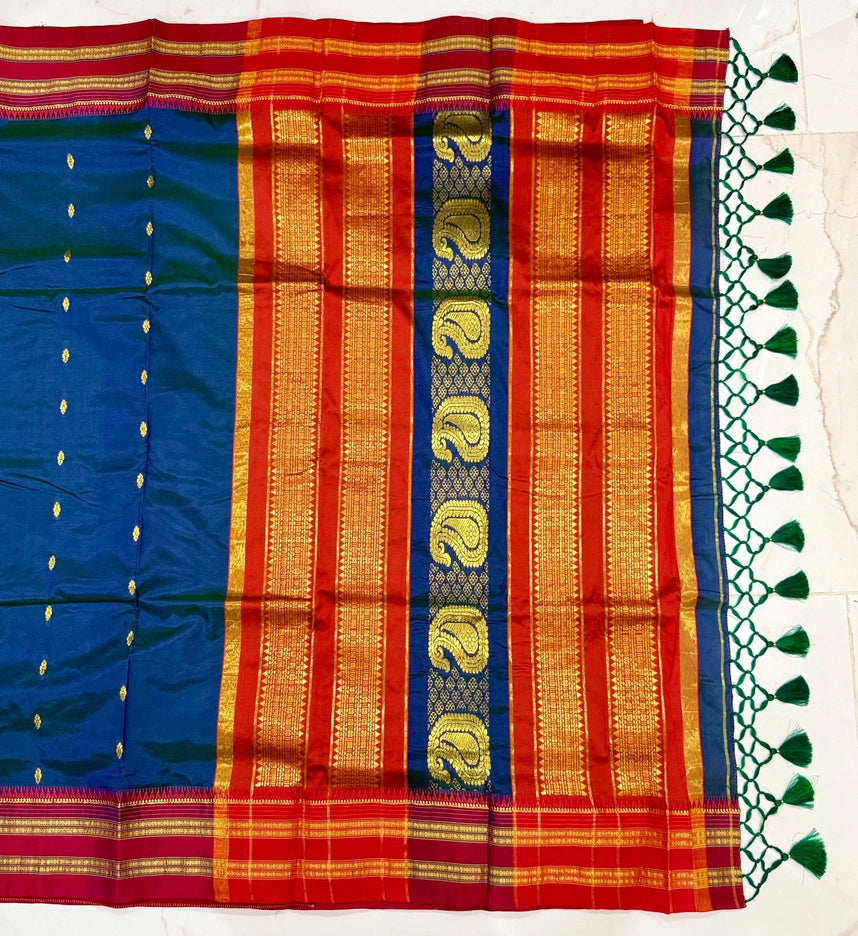 Special Sale !!!|Original Narayan Peth 100% pure silk Saree from Yeola - Deep Peacock blue with Rust border|Fall Pico Tassels done