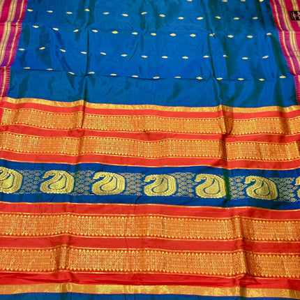 Special Sale !!!|Original Narayan Peth 100% pure silk Saree from Yeola - Deep Peacock blue with Rust border|Fall Pico Tassels done
