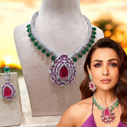 Real Royal Ruby/Green-Doublets/Moissanite/ Nano setting/ Necklace Set | Made with High-quality Designer set / Bridal Collection