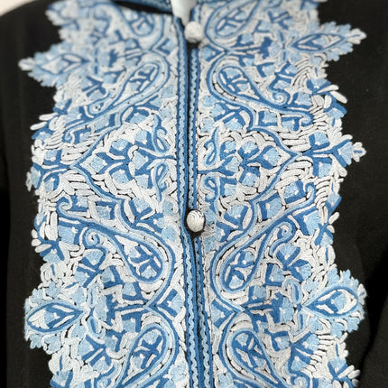 Luxury aari - hand sozni pashmina Jacket | hand woven Kashmir Artwear |Statement fashion wear |knee length| Ink Blue |size 46