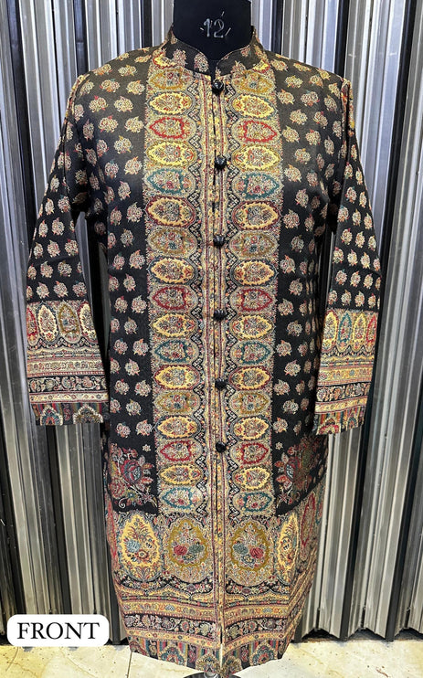 Luxury Kani/Jamawar Woolen Jacket with Jari | woven Kashmir Artwear | Statement fashion wear | Kashmir Winter Dresses|knee length| size 45