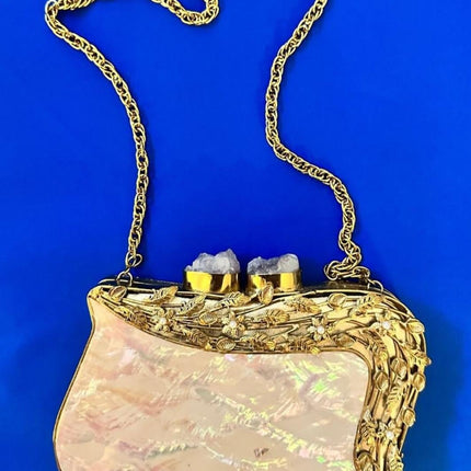Luxury Marble & Gold Clutch | Elegant Mother of Pearl Handbag | Unique Statement Evening Bag with Chain