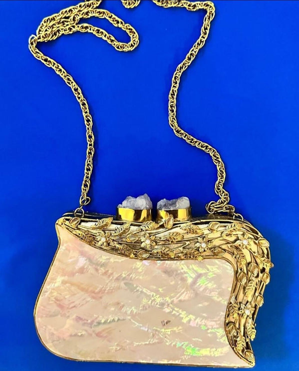 Luxury Marble & Gold Clutch | Elegant Mother of Pearl Handbag | Unique Statement Evening Bag with Chain