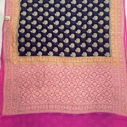 Banarasi Khaddi Georgette 3-D pattern Deep Bant Blue with Pink & orange border Saree with beautiful Zari Buttas