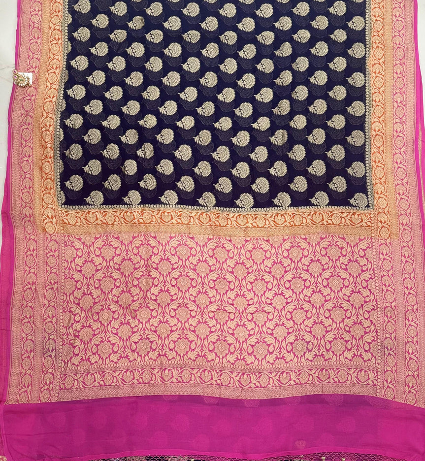 Banarasi Khaddi Georgette 3-D pattern Deep Bant Blue with Pink & orange border Saree with beautiful Zari Buttas