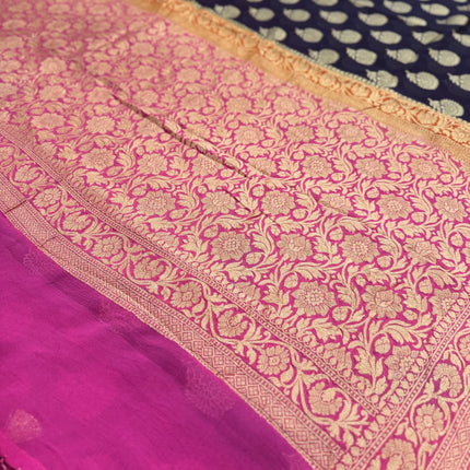 Banarasi Khaddi Georgette 3-D pattern Deep Bant Blue with Pink & orange border Saree with beautiful Zari Buttas