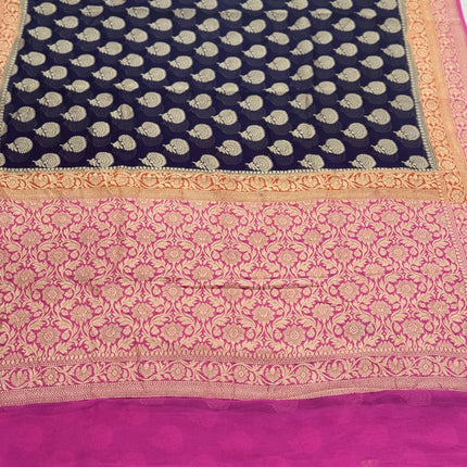 Banarasi Khaddi Georgette 3-D pattern Deep Bant Blue with Pink & orange border Saree with beautiful Zari Buttas