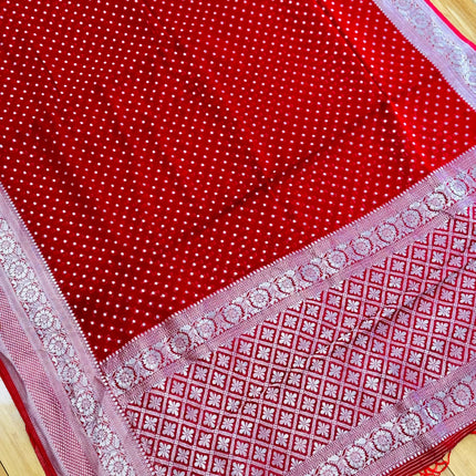 Banarasi Khaddi Georgette Red color/silver Zari border & Pallu/Saree with beautiful Zari Buttas
