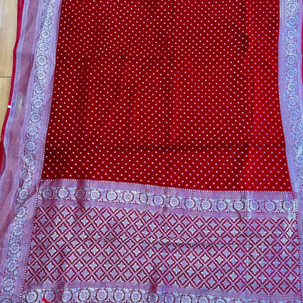 Banarasi Khaddi Georgette Red color/silver Zari border & Pallu/Saree with beautiful Zari Buttas
