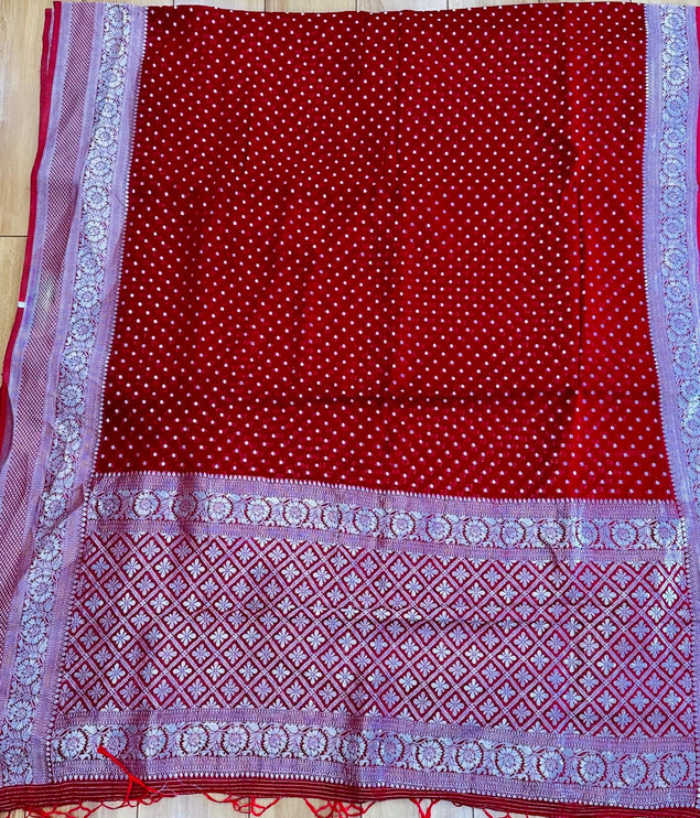 Banarasi Khaddi Georgette Red color/silver Zari border & Pallu/Saree with beautiful Zari Buttas